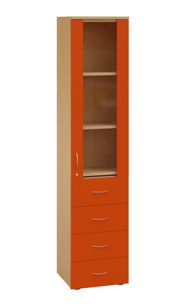 LE - 44 skříň léková prosklená, pravá, korpus javor horský, dvířka mandarinka